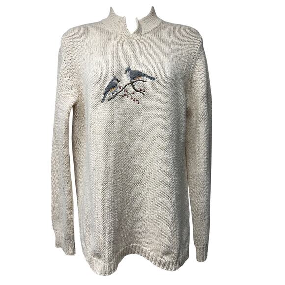 Woolrich Oatmeal Heather Bird Appliqué Pullover Knit Mock Neck Sweater Sz Medium - Picture 1 of 7